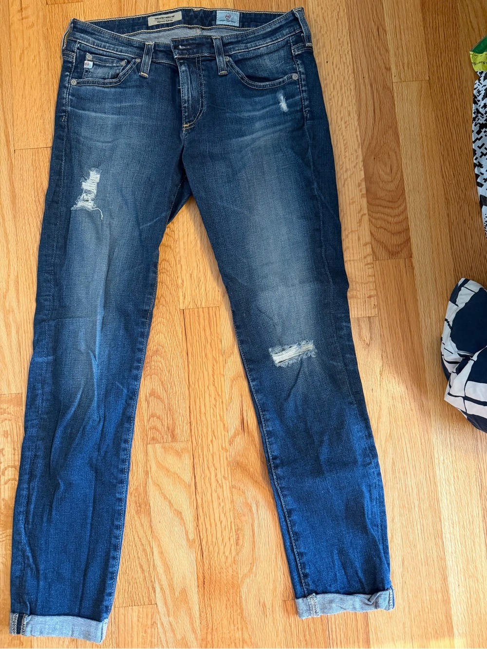 Ag Adriano Goldschmied Slim Straight Distressed Dark Blue Jeans